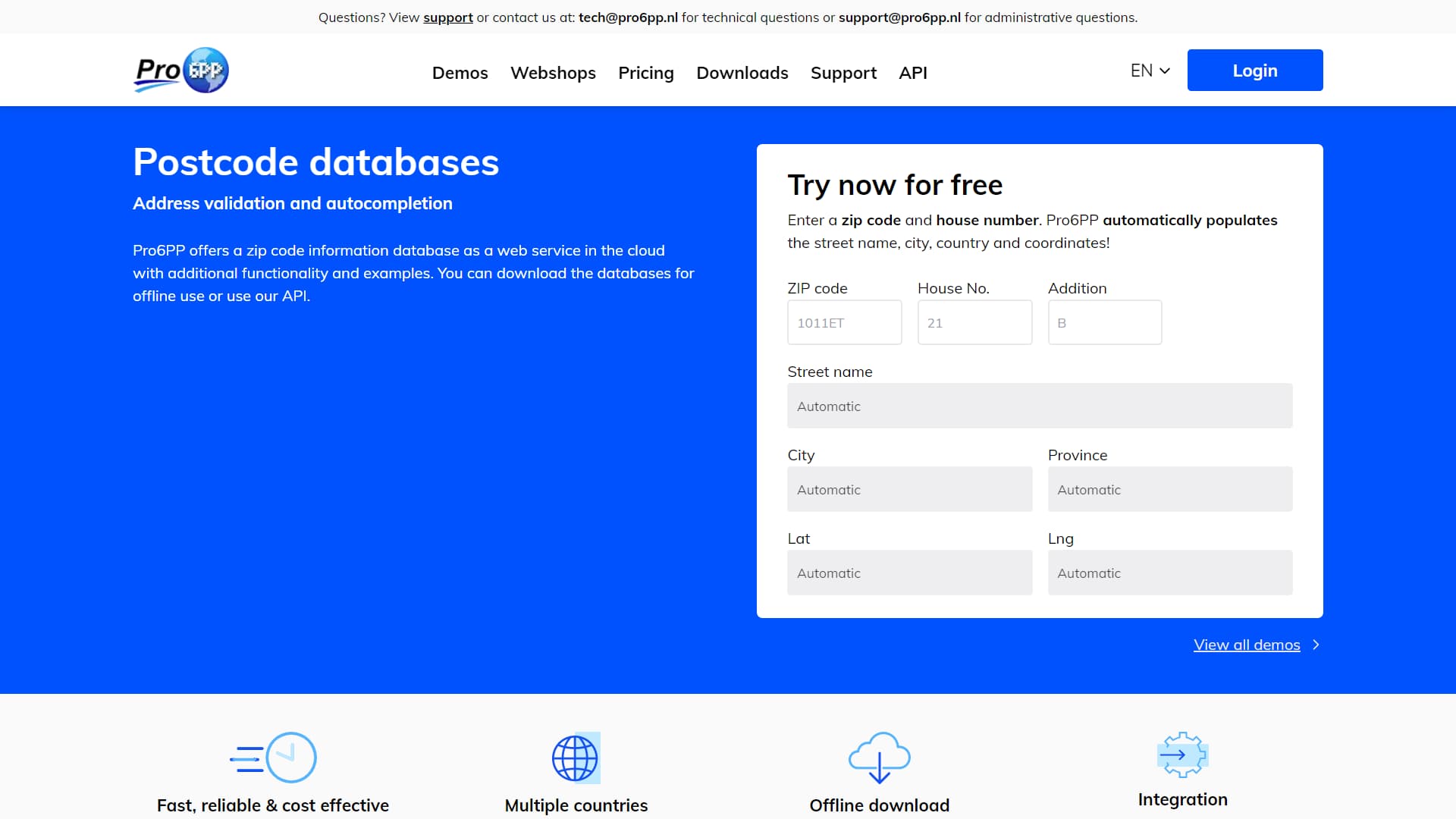 De webpagina van Pro6PP toont hun postcodedatabases voor adresvalidatie en automatisch aanvullen. De pagina biedt een postcode-informatiedatabase als een webservice met cloud-functionaliteit, inclusief een interactieve demo waarin gebruikers een postcode en huisnummer kunnen invoeren om automatisch adresgegevens in te vullen. De interface bevat navigatietabbladen voor Demo, Webshops, Prijzen, Downloads, Ondersteuning en API en benadrukt dat het snel, betrouwbaar en kosteneffectief is. Beschikbaar in meerdere landen met opties voor offline downloaden en eenvoudige integratie.